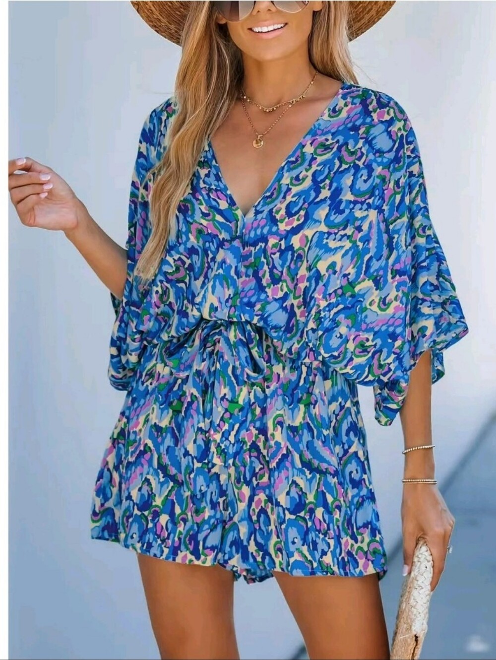 Vibrant Blue Multi-Color V-Neck Romper
